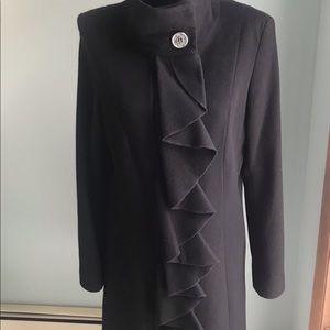 Tahiti Long Black 100% Wool Coat w Ruffle Trim